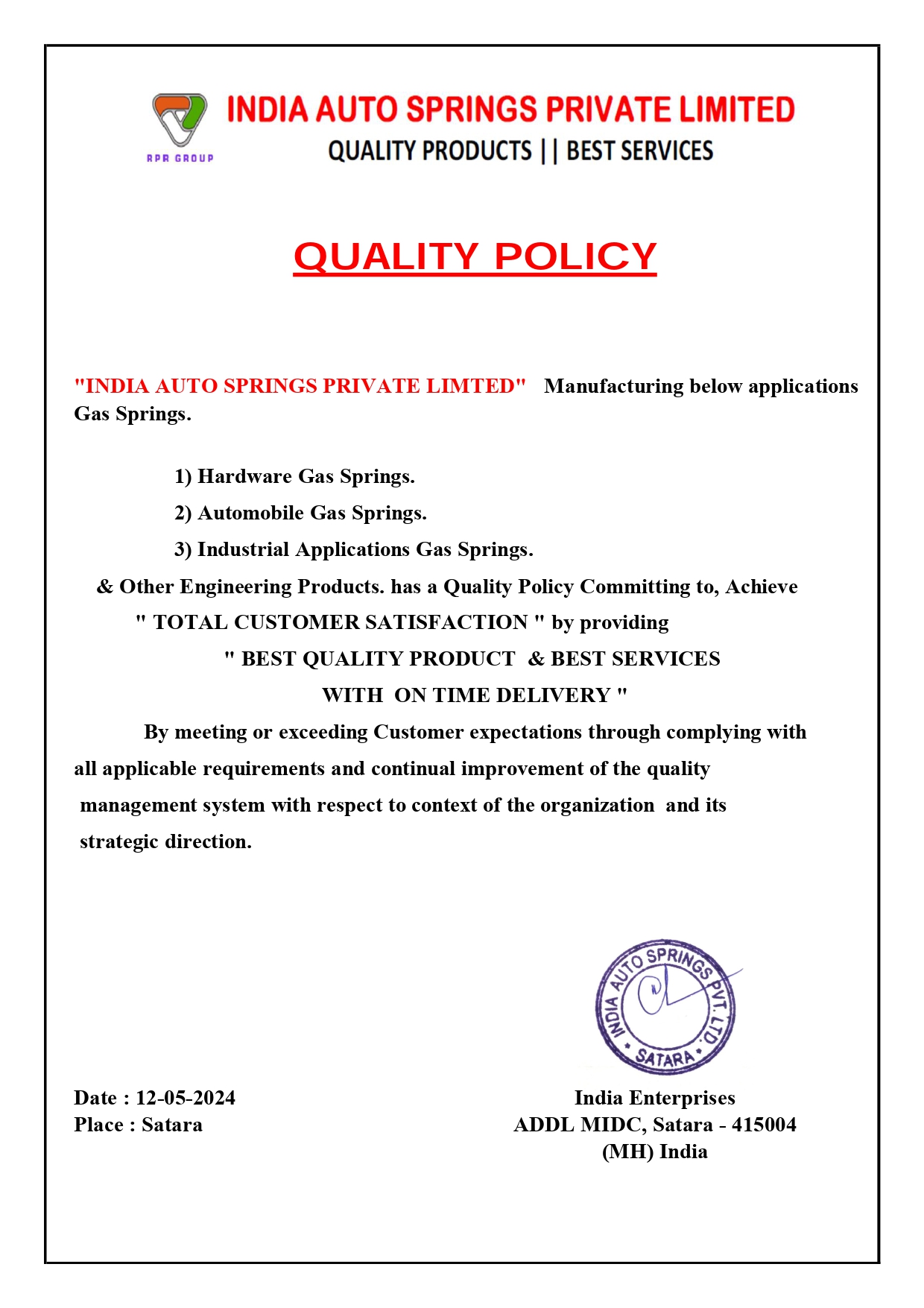 India Auto Springs Private Limited Manufacturing Gas springs & Other Engineering Products.